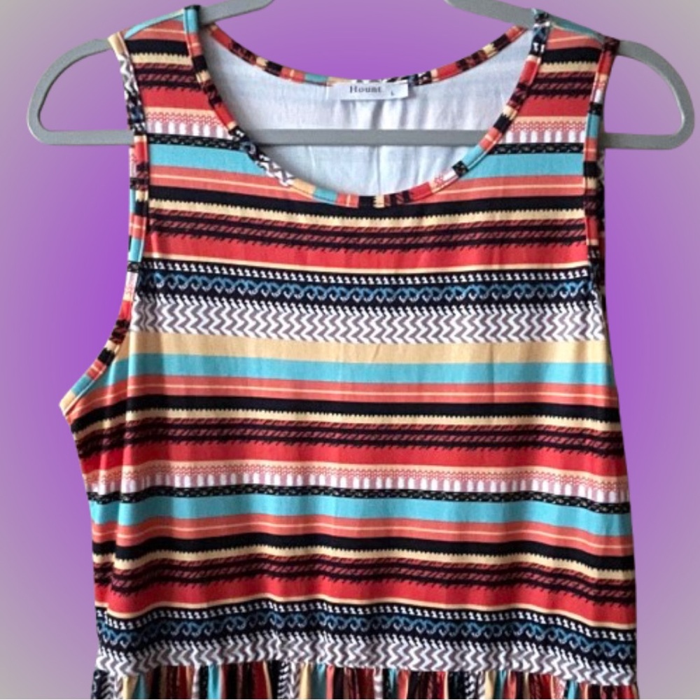 Brightly colored striped Hount maxi dress festival vacation pockets sz L